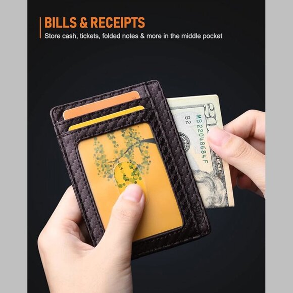 Slim Minimalist Front Pocket RFID Blocking Leather Wallets Carbon Fiber Coffee - Picture 6 of 7